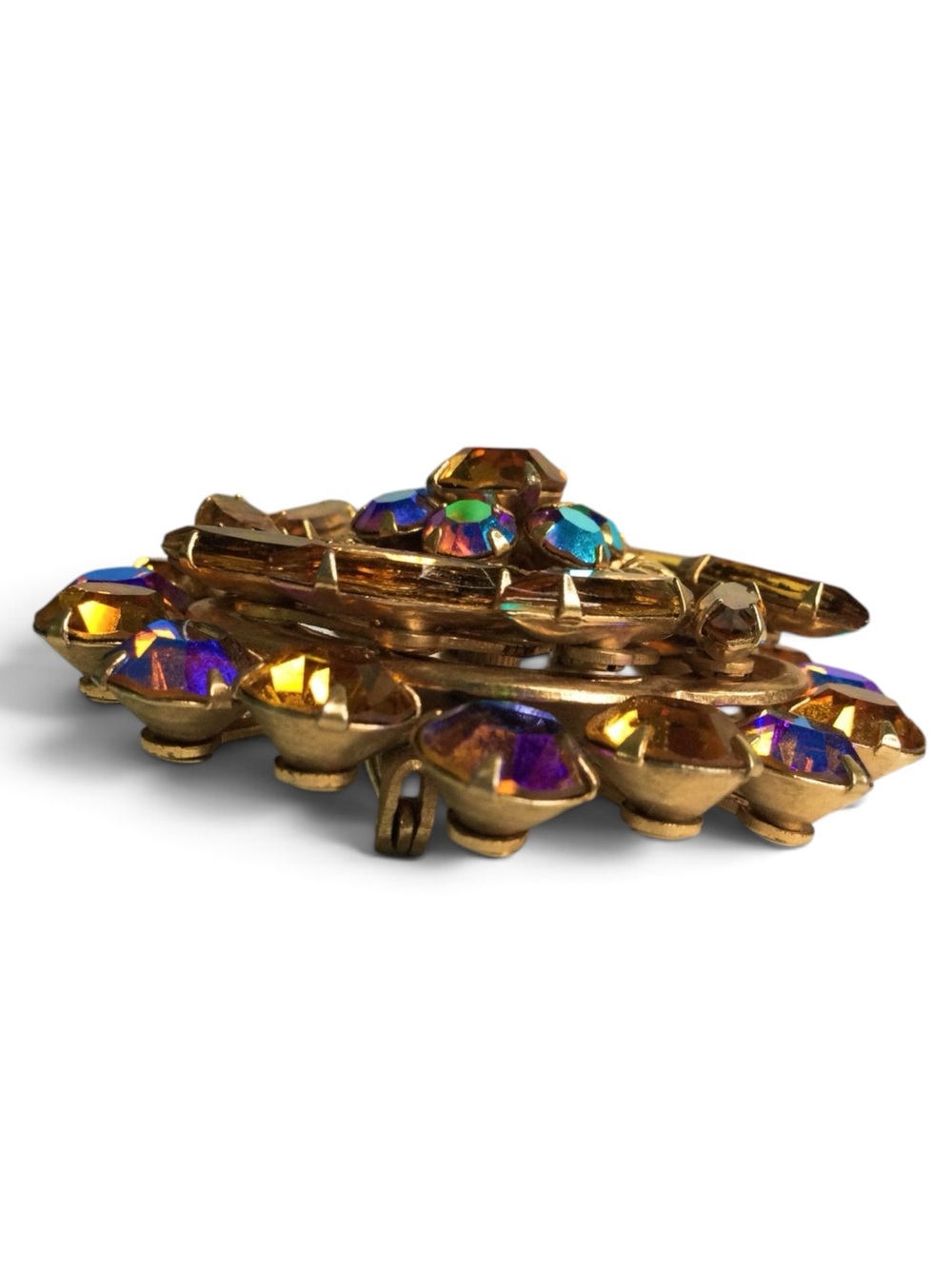 Vintage Amber & AB Crystal Rhinestone Layered Domed Cluster Brooch - Picture 10 of 13